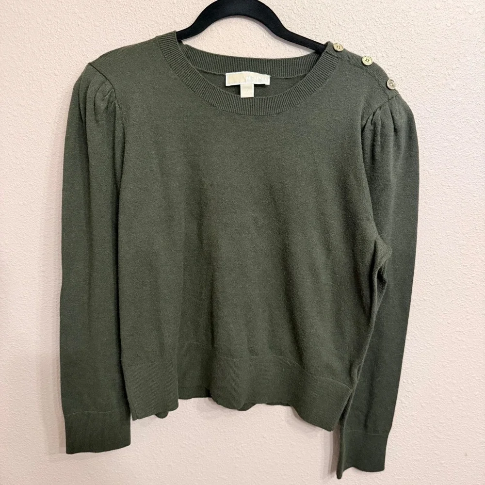 Michael Kors Womens XL Olive Green Puff Sleeve Button Shoulder Crewneck Sweater